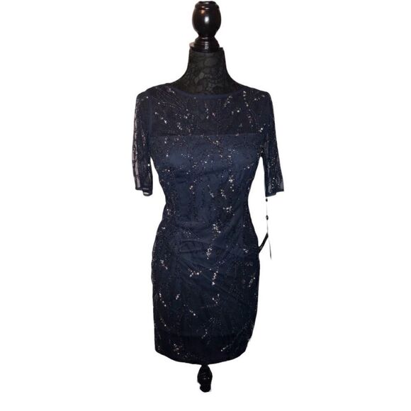 NWT ADRIANNA PAPELL Navy Blue Sequins Formal Short Dress 1/2 Length Sleeves - Picture 4 of 10